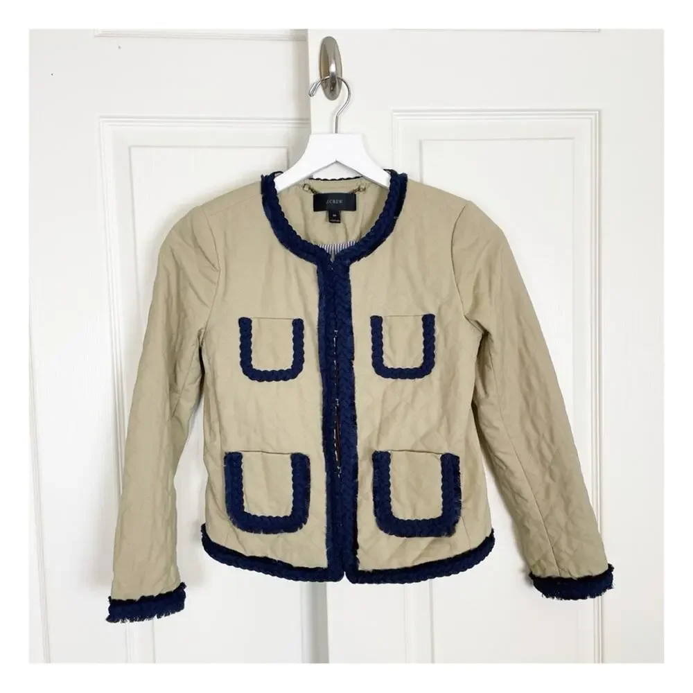 J.Crew Quilted Crop Lady Jacket Tan Braided Fringe Trim Blazer Sz 00